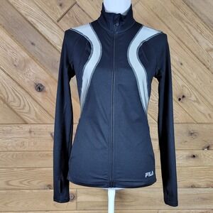 Fila Running Womens Track Jacket Full Zip Front Thumb Holes Black Silver Size XS